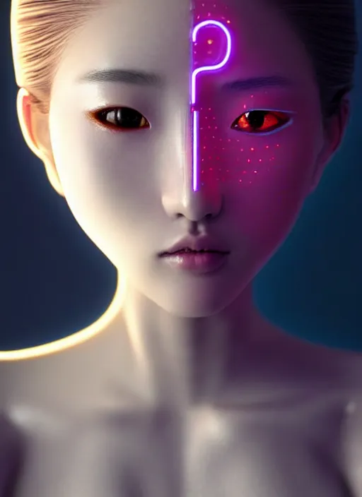 Prompt: photorealistic portrait of japanese female humanoid with freckle cheeks, cyber neon lightings, intricate, cyberpunk high fashion, elegant, crispy quality, digital photography, trending in artstation, trending in pinterest, glamor pose, no signature, no watermark, cinematic, octane render, art by artgerm, art by greg rutkowski, art by pascal blanche