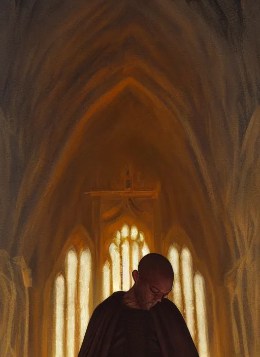 Prompt: symmetry!! oil painting of a weeping tonsured dominican monk in a brown habit, kneeling in a dark empty chapel, hazy, digital art, artstation, cinematic, golden hour, digital art painting by greg rutkowski, cozy atmosphere, cinematic lighting