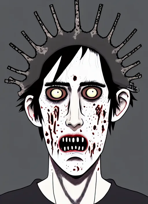 Image similar to junji ito style portrait of zombie teenage jughead jones wearing a light grey crown, zombie, crown, rotting skin, blind eyes, white eyes, crown, black hair, intricate, highly detailed, illustration, art by junji ito