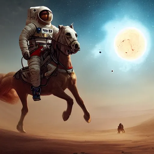 Prompt: portrait of the astronaut riding a horse in Mars, realistic character concept, high fantasy, light atmosphere, golden ratio, cinematic lighting, hyperdetailed, high resolution, insanely detailed and intricate, artstation, Marc Simonetti, Greg Rutkowski, octane render, unreal engine, 8k