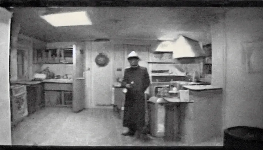 Image similar to a wax man in a stalinist style kitchen, by mini dv camera, very very low quality, heavy grain, very blurry, accidental flash, webcam footage, found footage, security cam, caught on trail cam