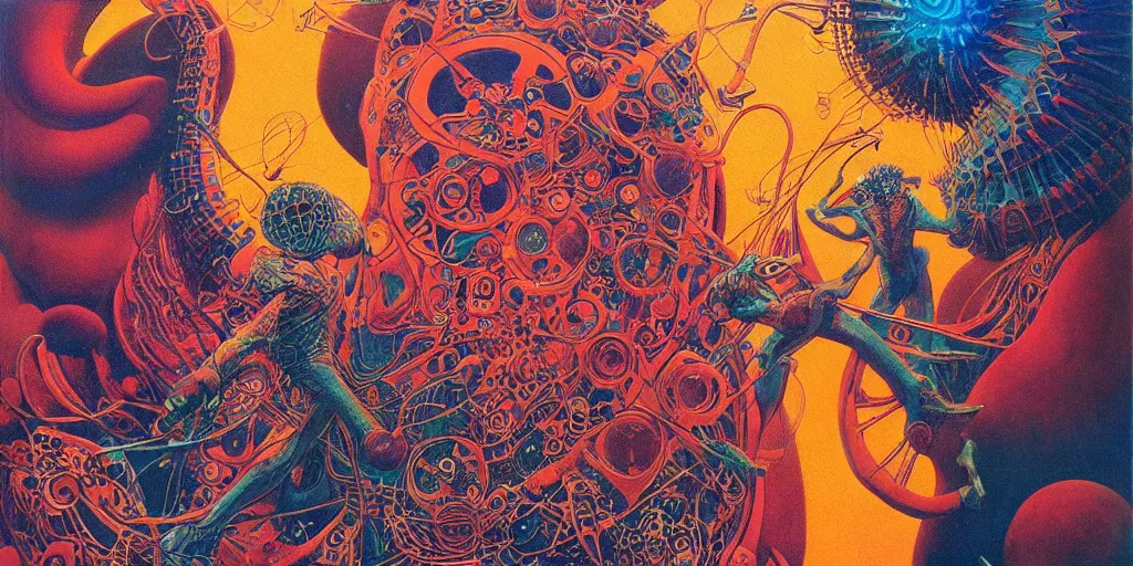 Prompt: colourful afrofuturist biomorphic opart, hendrix, pascal blanche, josh kirby, roger dean, giger, arthur rackham, moebius, syd mead, beksinski, greg hildebrandt, scifi, 8 k