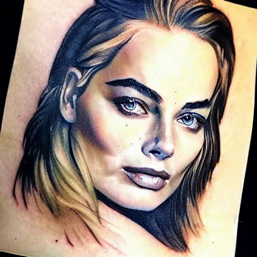 Prompt: face morph tattoo design sketch of margot robbie blended in beautiful mountain scenery, in the style of matteo pasqualin, amazing detail