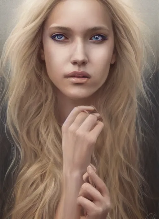 Image similar to a painting of a woman with long blonde hair, a photorealistic painting by magali villeneuve, featured on cgsociety, fantasy art, detailed painting, photorealistic