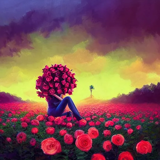 Image similar to giant rose flower head, full body girl sitting in a flower field, surreal photography, sunrise, dramatic light, impressionist painting, colorful clouds, digital painting, artstation, simon stalenhag