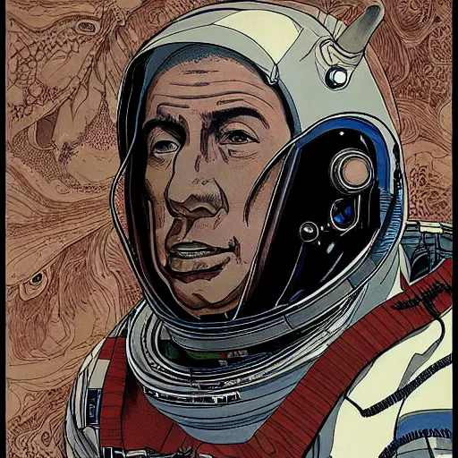 Image similar to portrait of berlusconi naraka astronaut painted in miyazaki color style drawn by katsuhiro otomo and takato yamamoto, high detail, intricate linework, sharp, monster face, perspective, manga and anime