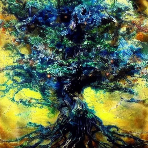 Prompt: an amano oil painting of a very wonderful perfect amazing incredible glorious beautiful mind flowing giant tree of heavenly grace