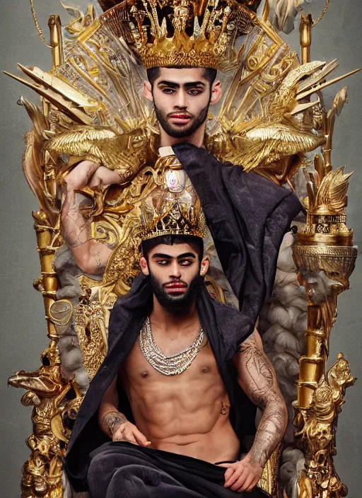 Prompt: muscular Atlantian king Zayn Malik wearing a bejeweled gold heavy crown on his head while shirtless and sitting on throne, a white falcon on his shoulders, steelpunk, ghibli studio, nekro, Tom Bagshaw, Craig Mullins, octane 8k, by brian froud, Trending on ArtStation