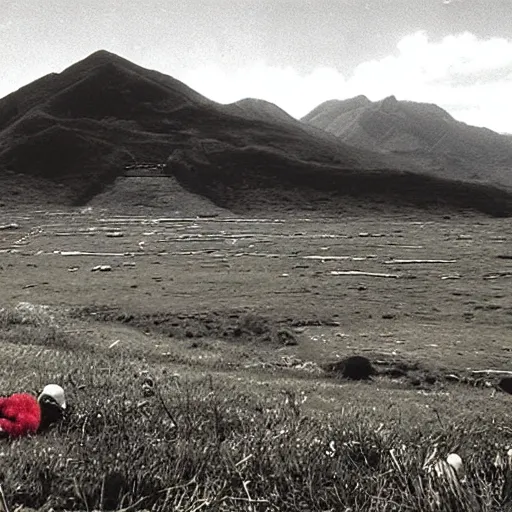 Image similar to wide scenic shot from the scene from the holy mountain where the conjoined child clowns play. The child clowns are conjoined at the head and neck, they share one head. Cinematic, VHS copy, film grain, 35mm film.