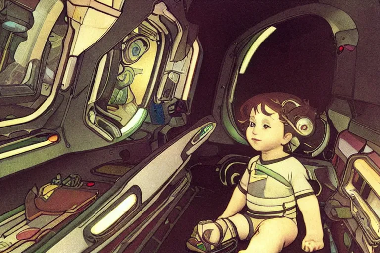 Image similar to a baby in a spaceship, very detailed, smooth render, illustration, art style by shigeru miyamoto and Alphonse Mucha