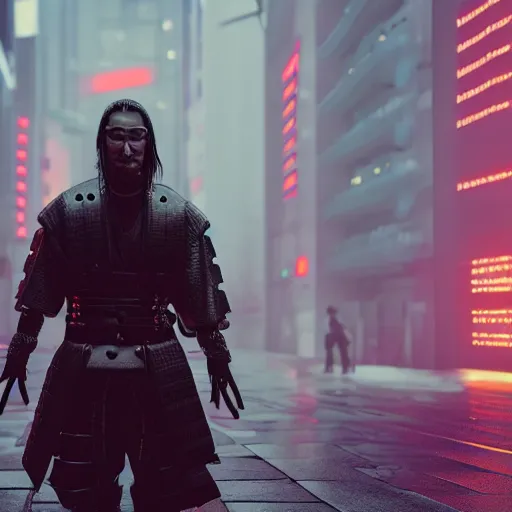 Image similar to cyberpunk samurai in a dytopian future, ultra realistic, fog, raytracing, reflections, rain, octane render