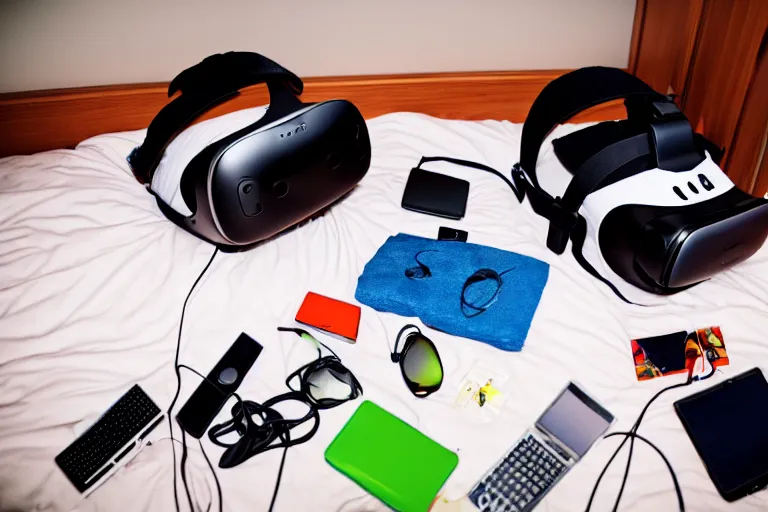 Prompt: An aerial stock photo of two teenage boys laying in bed, with a bunch of stuff, wearing a VR-headset, featured on flickr, cluttered room