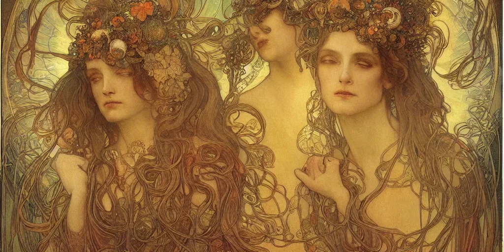 Image similar to portrait burning saint face, venus, athena, halo, by alphons mucha and annie swynnerton and jean delville, strong dramatic cinematic lighting, ornate headdress, flowing robes, spines, flowers, stars, lost civilizations, smooth, sharp focus, extremely detailed, marble, molten gold, space