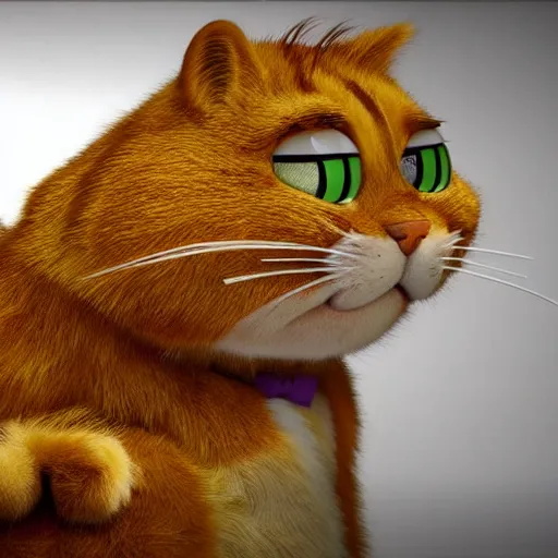 Image similar to still photo of garfield, highly detailed, photorealistic portrait, bright studio setting, studio lighting, crisp quality and light reflections, unreal engine 5 quality render