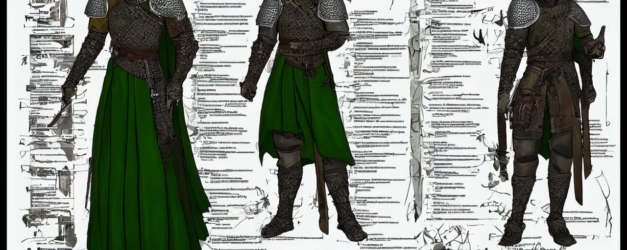 Prompt: A character sheet of full body medieval knight with brown long hair, black eyes, smug look, a green cloak and silver armor. Highly Detailed. Intricate. 4K.