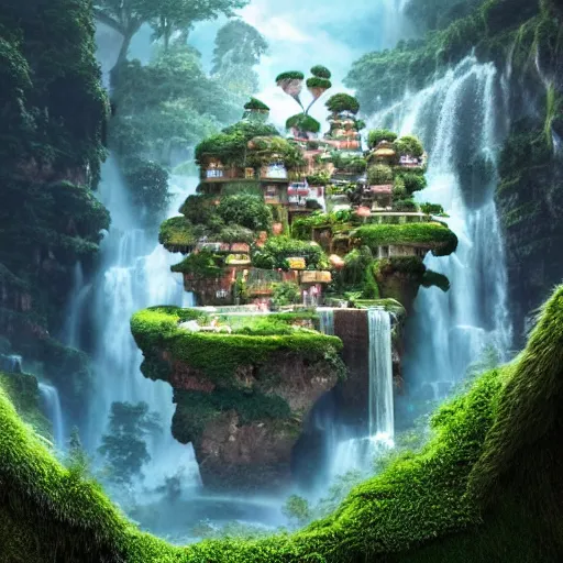 Image similar to waterfall village, by benoit mandelbrot, filip hodas, vincent callebaut, mike campau and studio ghibli