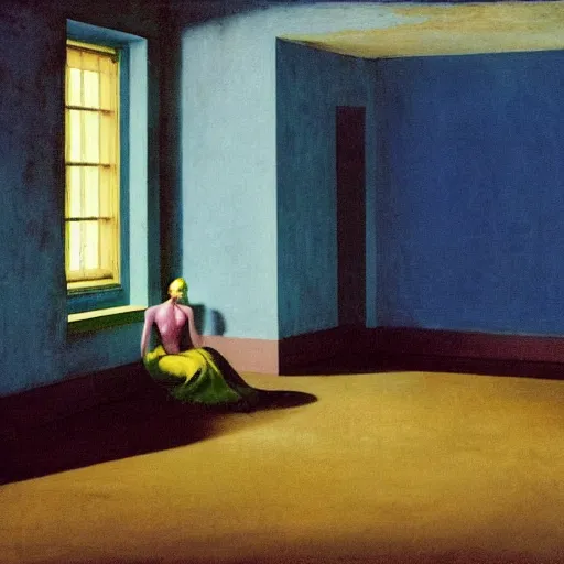 Image similar to a blue demon in an haunted liminal abandoned room, film still by edward hopper, by Pontormo, by klimt, pre-raphaelite. art noveau, art noveau, highly detailed, strong lights, liminal, eerie, Bright pastel colors