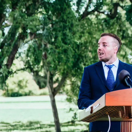 Image similar to a fox animal dressed in a suit giving a presidential speech, 8 5 mm f / 1. 4