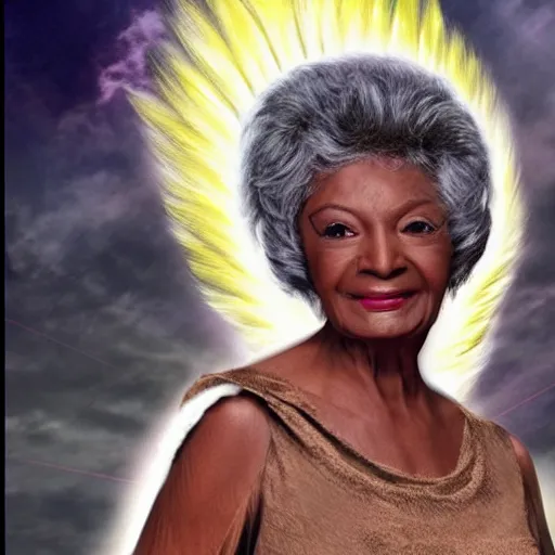 Image similar to nichelle nichols as a heavenly angel in cloud heaven photorealistic fantasy epic