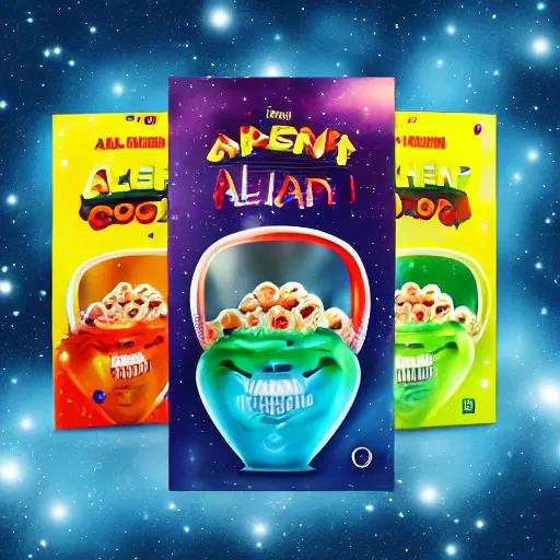 Image similar to a alien cereal box, alternate dimension, product photo, galaxy background