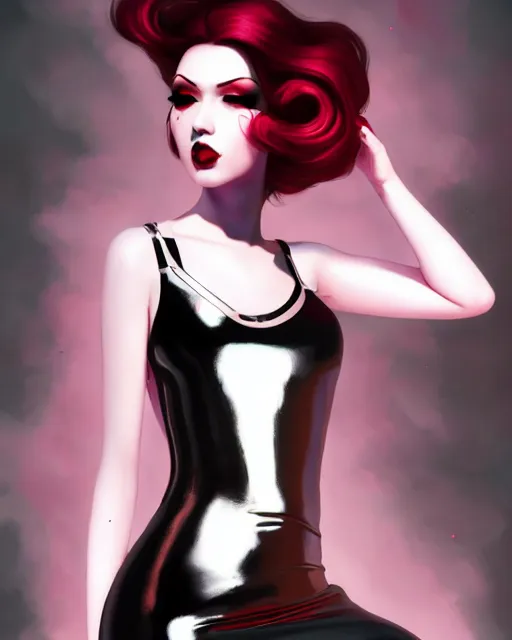 Image similar to a full body portrait of pale skin goth in shiny latex mini skirt and shiny latex tank top, long curvy black hair, red lips, pastel makeup, digital painting by ilya kuvshinov and ross tran and karol bak and stanley lau and anna dittmann and artgerm and xiaoguang sun and tian zi