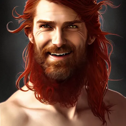 Image similar to portrait of a young ruggedly handsome but joyful pirate, male, masculine, upper body, red crimson hair, long long flowing hair, fantasy, smug smirk, intricate, elegant, highly detailed, digital painting, artstation, concept art, matte, sharp focus, illustration, art by artgerm and greg rutkowski and alphonse mucha