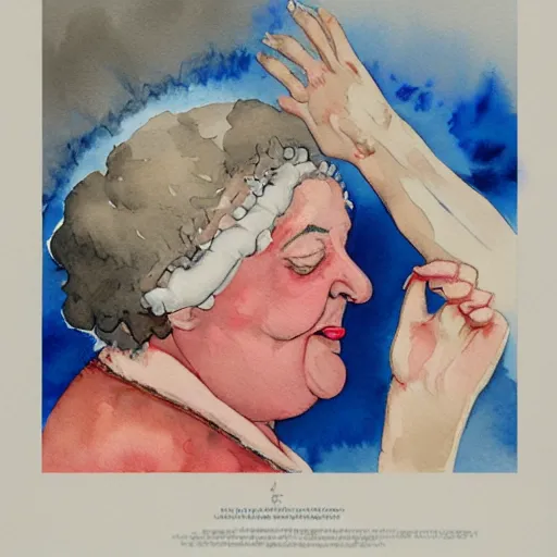 Image similar to a very funny comic style watercolor painting of a sweet fat old woman kissing her reflection. symmetrical face, red mouth, blue eyes. a flowered dress. a hyper - realistic scene. 3 d, octane processing, deep focus, white scene. a very funny and sweet picture. unreal engine. watercolor. fellini cinematic style. poster quality. freud painting style.