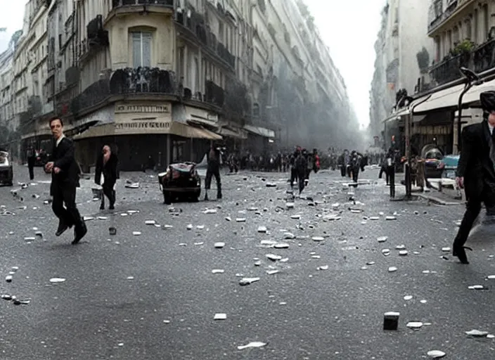 Image similar to awesome scene from the movie Inception where things explode in a street in Paris, Hollywood movie still