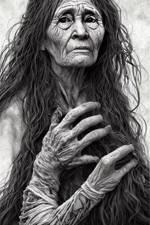 Prompt: very old woman crone with long scraggly hair, wearing torn rags, character concept art, intricate details, highly detailed photorealistic portrait in the style of adam hughes, seseon yoon, artgerm and warren louw