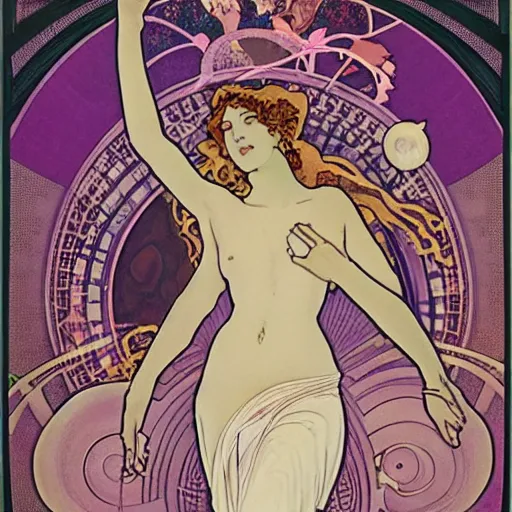 Image similar to heavenly goddess full body statue with sleepy face and beautiful closed eyes and open lips and 2 arms open and 2 legs bending and a curved body wearing torn silk cloth, laying on her back among purple clouds and nebula and starry galaxy dust, splashes into the fabric of the universe, art nouveau by alphonse mucha, black marble, violet gold beige, saturated colors, intricate face detail