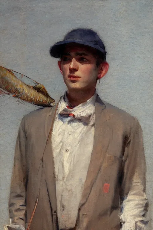 Image similar to Solomon Joseph Solomon and Richard Schmid and Jeremy Lipking victorian genre painting full length portrait painting of a young man going fishing, red background