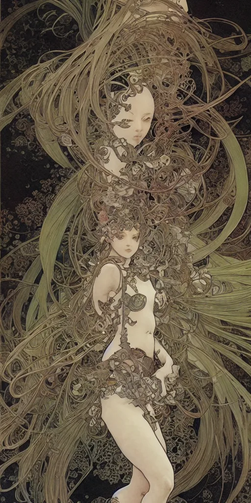 Image similar to yoshitaka amano anime painting, intricate line drawings, pen and ink, alphonse mucha, claire wendling, kentaro miura, ruan jia