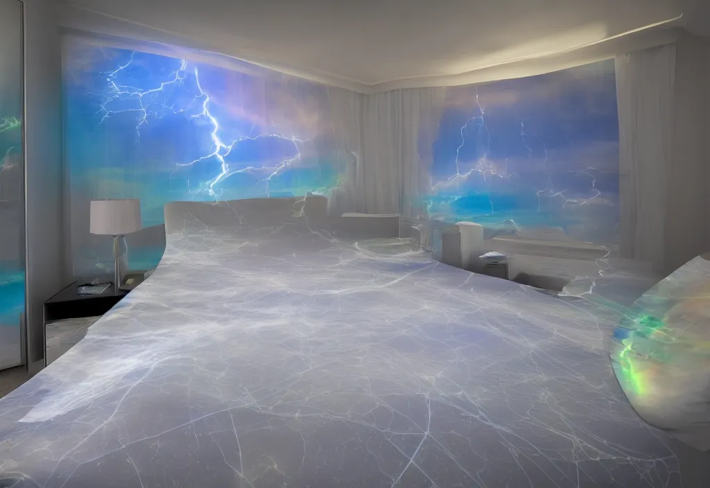 Prompt: curved translucent bedsheets projecting 3 d detailed florida storm holographic volumetric weathermap, pixel perfect photograph, high contrast, volumetric lighting, thin glowing lights, bedroom, visor, users, pair of keycards on table