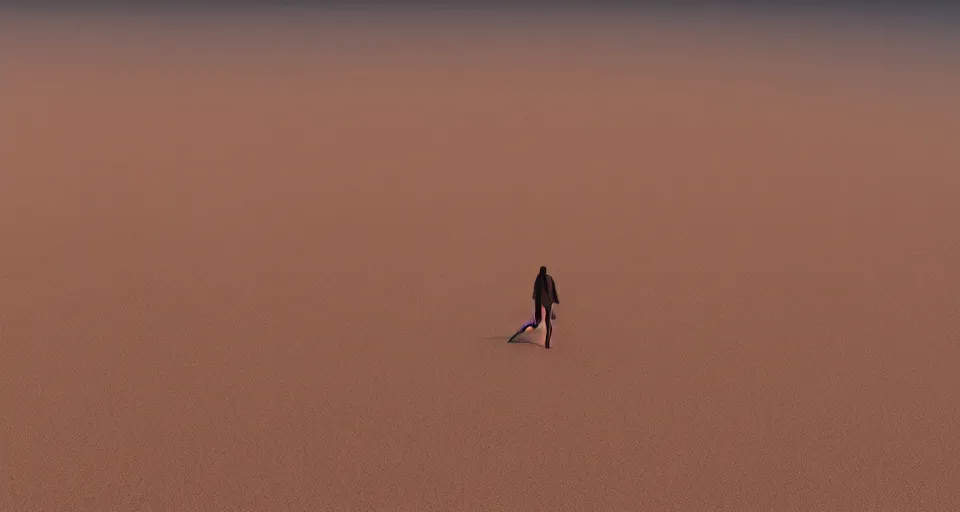 Prompt: a lone mage in a giant desert full of endless sand and dry air, hot sun burning mercylessly from above, lifeless feeling of dread, octane render, unreal engine, 8k high definition