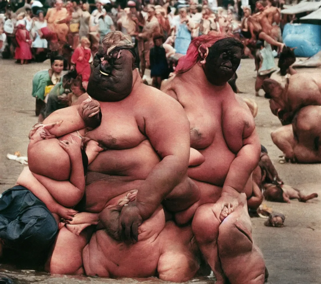 Image similar to a 3 5 mm photography, kodachrome colour of a portrait of a human hippo by martin parr