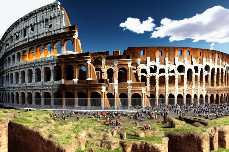 Image similar to a huge gelato on top of the Colosseum, photorealistic, cinematic lighting, high detail, cinematic feel, high octane, 4K, Unreal Engine