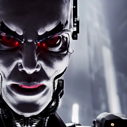 Prompt: movie still of a villain cyborg, facial expression, cinematic composition, cinematic light, by edgar allan poe,