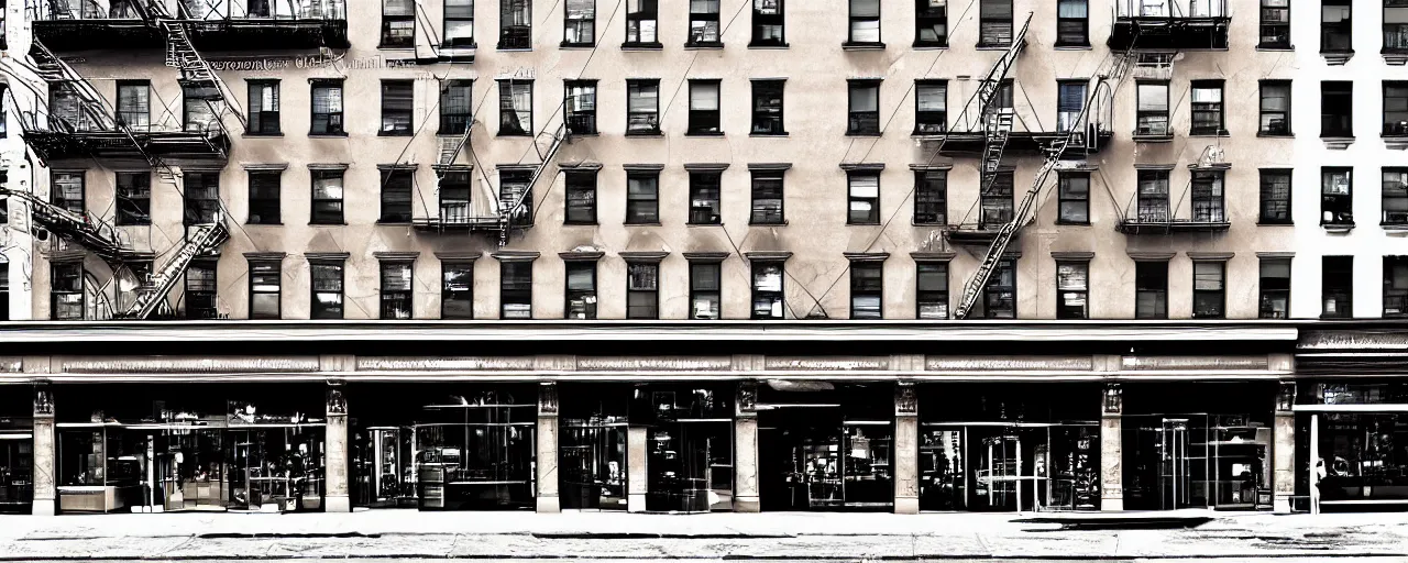 Image similar to building facade. storefronts. city block. new york. digital art