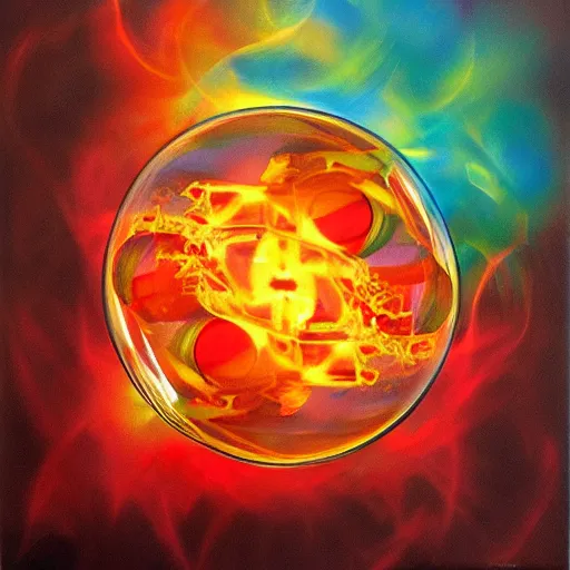 Prompt: soap bubble covered in fire flames, centered, symmetrica, oil paintingl