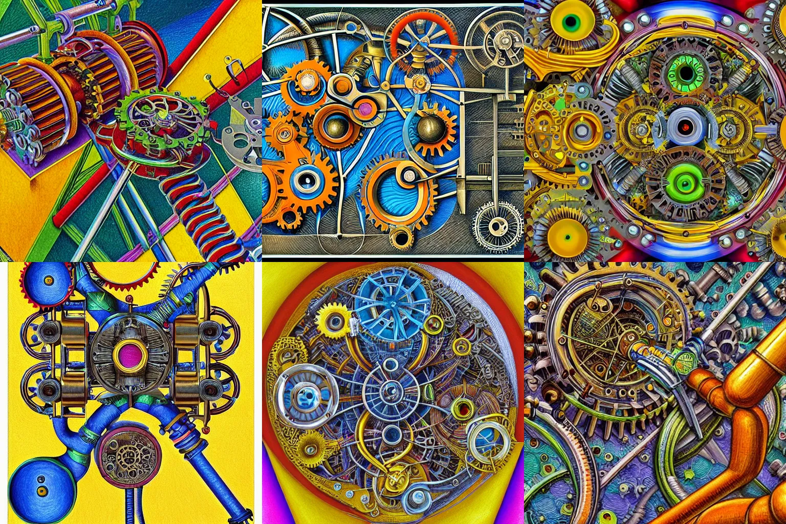 Prompt: a complicated time travel machine engine contraption with sprockets springs cranks cylinders hoses pistons, high detail, intricate abstract, detailed abstract, isometric, optical illusion, infinity, golden ratio, cubism, color pencil, bright colors, vivid colors, hyper detailed, high resolution, artstation, a tiny bit of M.C. Escher
