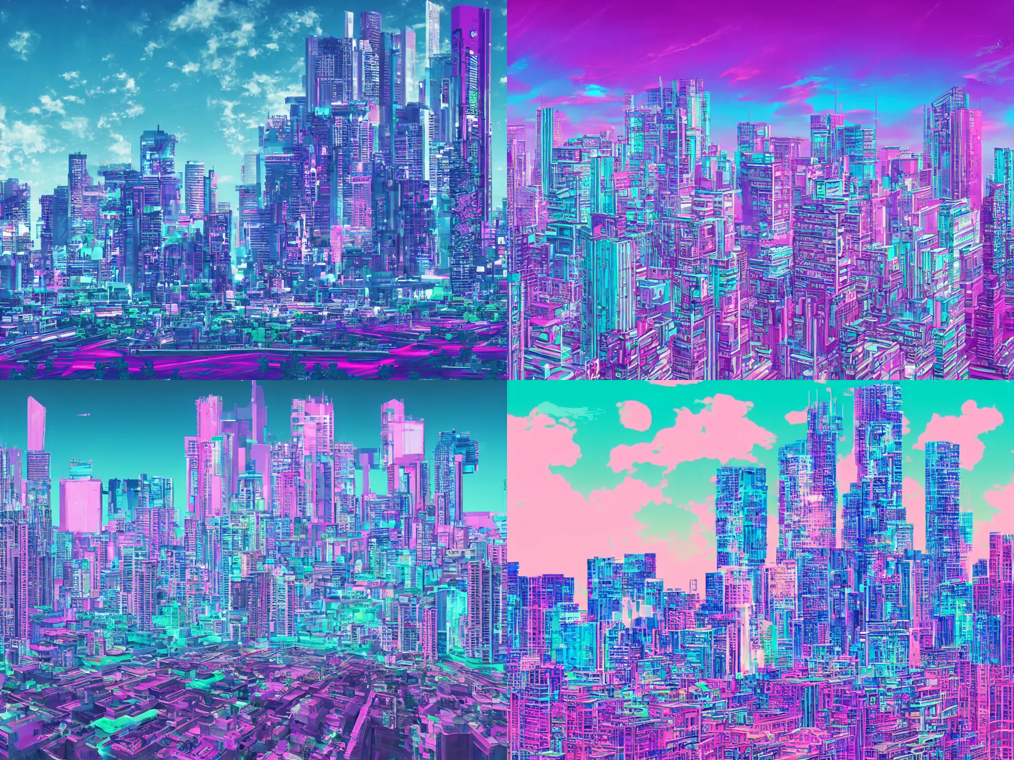 Prompt: A vaporwave cityscape