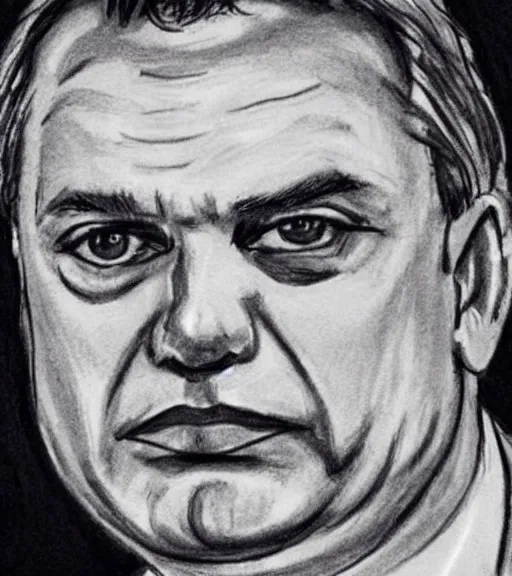 Prompt: news crime suspect sketch of hungarian prime minister viktor orban, hand drawn police sketch of a wanted person