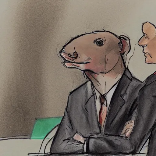 Prompt: A man is sweating profusely in court, because he is lawyer is a tapir. Courtroom sketch.