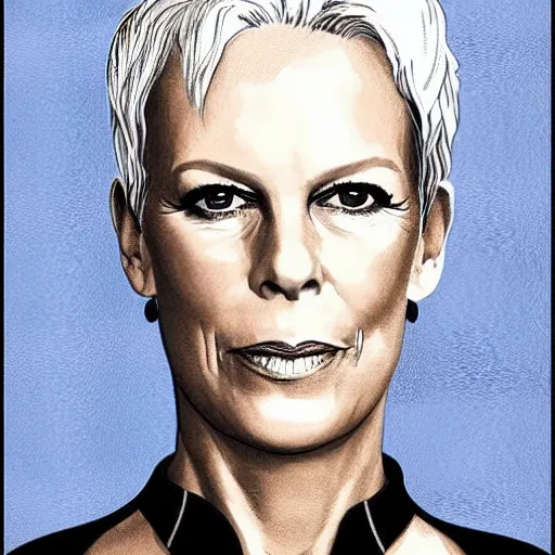 Image similar to jamie lee curtis, full body, tired, serious, intelligent, powerful, white hair, fully clothed, wise, beautiful, by david mack, soft lighting, trending on artstation, flat colour