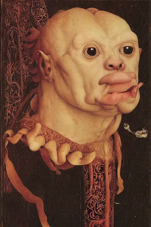 Image similar to portrait cute humanoid axolotl, oil painting by jan van eyck, northern renaissance art, oil on canvas, wet - on - wet technique, realistic, expressive emotions, intricate textures, illusionistic detail