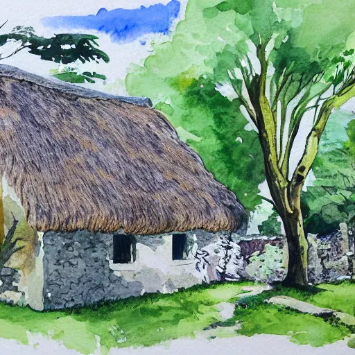 Image similar to a peaceful scene with old thatched cottage nestling amongst the trees, watercolor, wide angle