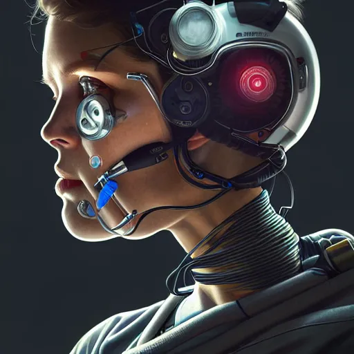 Prompt: portrait of medical paramedic cyborrg,wires,gadgets,cables,lenses,gears intricate, elegant, highly detailed, digital painting, artstation, concept art, smooth, sharp focus, illustration, art by artgerm and greg rutkowski and alphonse mucha