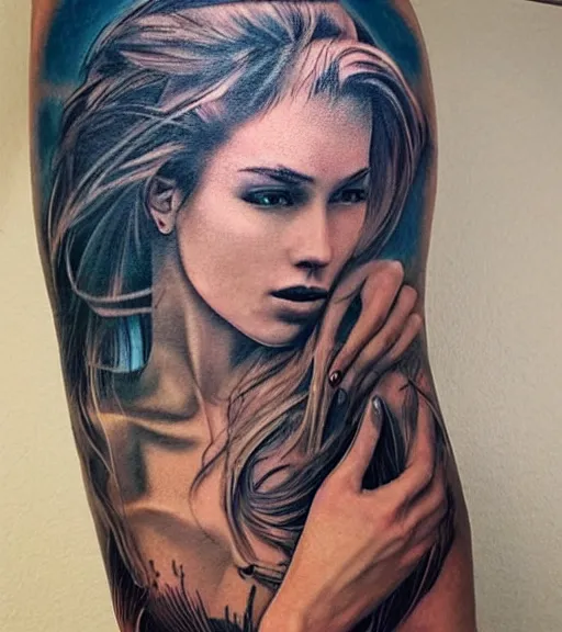 Prompt: hyper realistic tattoo design of a very beautiful woman against a background of beautiful mountains and nature, in the style of den yakovlev, amazing detail