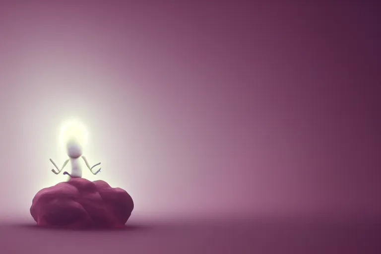 Image similar to a cute alien sitting on a cloud relaxing, misty, glows, blender render, hazy, foggy, red lighting,