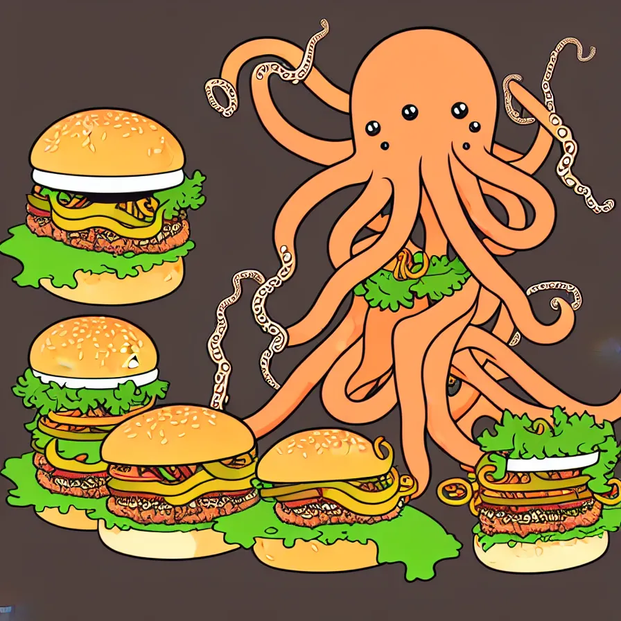 Prompt: ultra detailed artistic illustration of a giant octopus holding many burgers, tentacles wrapped around burgers, vector art, artstation, 8 k